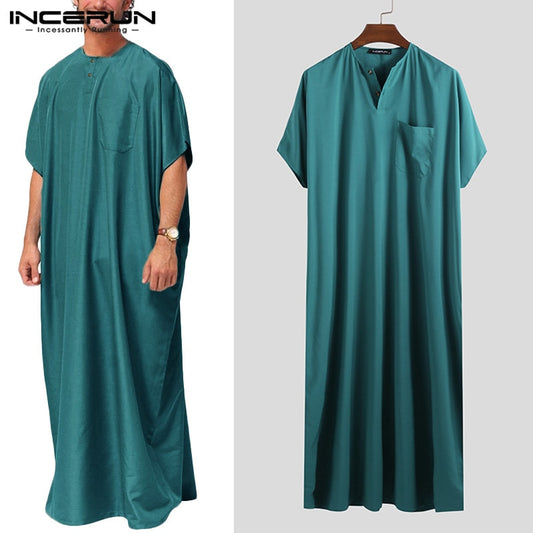 INCERUN Jubba Thobe Men Islamic Arabic Kaftan Solid Short Sleeve Loose Retro Robes Abaya Middle East Muslim Clothing Plus Size 7