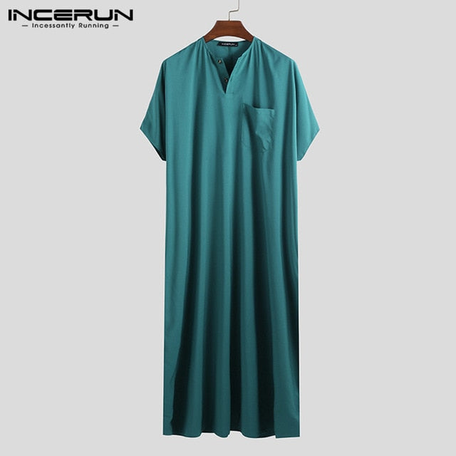 INCERUN Jubba Thobe Men Islamic Arabic Kaftan Solid Short Sleeve Loose Retro Robes Abaya Middle East Muslim Clothing Plus Size 7