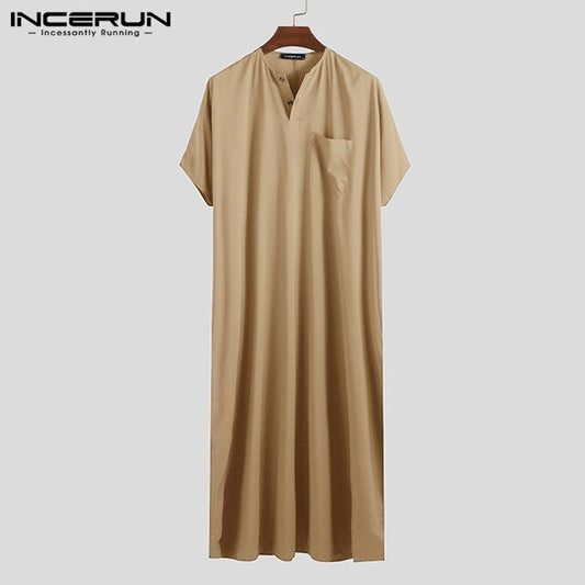 INCERUN Jubba Thobe Men Islamic Arabic Kaftan Solid Short Sleeve Loose Retro Robes Abaya Middle East Muslim Clothing Plus Size 7