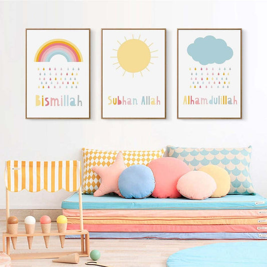 Bismillah Inshaallah Islamic Pictures Rainbow Cloud Nursery Decor Canvas Painting Wall Art Poster and Print Kids Room Home Decor