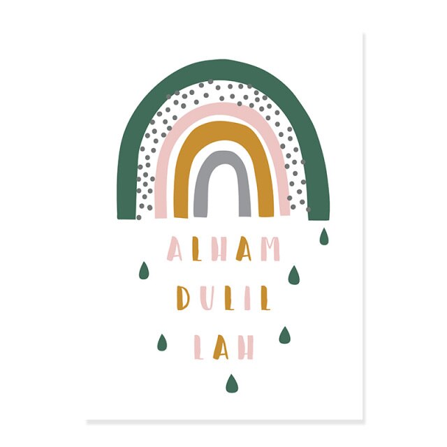 Cartoon Green Rainbow Arabic Alphabet Islamic Nursery Posters Canvas Paintings Wall Art Prints Pictures Kids Room Decorative