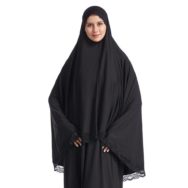 Women Muslim Prayer Long Khimar Lace Trim Islamic Veils Headcover Dubai Saudis Turkey Arabic Clothing Hijab Indonesia Headdress