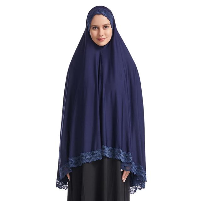 Women Muslim Prayer Long Khimar Lace Trim Islamic Veils Headcover Dubai Saudis Turkey Arabic Clothing Hijab Indonesia Headdress