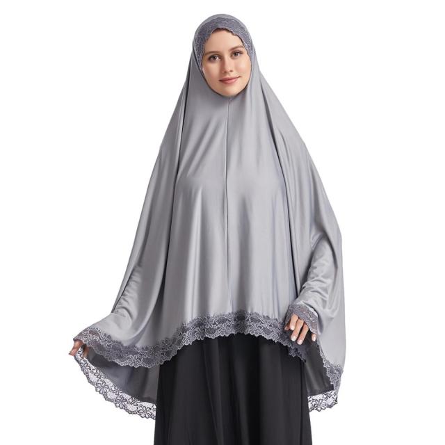 Women Muslim Prayer Long Khimar Lace Trim Islamic Veils Headcover Dubai Saudis Turkey Arabic Clothing Hijab Indonesia Headdress