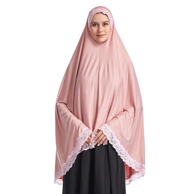 Women Muslim Prayer Long Khimar Lace Trim Islamic Veils Headcover Dubai Saudis Turkey Arabic Clothing Hijab Indonesia Headdress