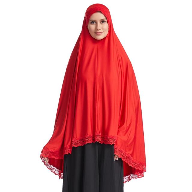 Women Muslim Prayer Long Khimar Lace Trim Islamic Veils Headcover Dubai Saudis Turkey Arabic Clothing Hijab Indonesia Headdress