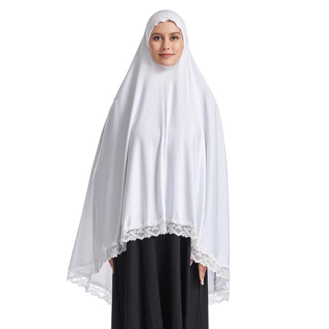 Women Muslim Prayer Long Khimar Lace Trim Islamic Veils Headcover Dubai Saudis Turkey Arabic Clothing Hijab Indonesia Headdress