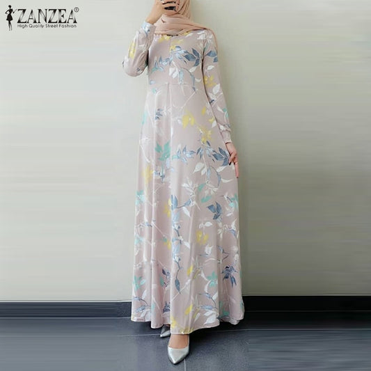 Women Long Sleeve Dubai Abaya Turkey Hijab Dress ZANZEA Autumn Floral Printed Maix Long Dress Jilbab Islamic Clothing Caftan
