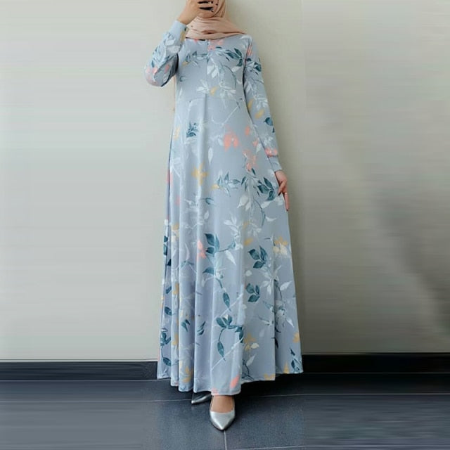 Women Long Sleeve Dubai Abaya Turkey Hijab Dress ZANZEA Autumn Floral Printed Maix Long Dress Jilbab Islamic Clothing Caftan