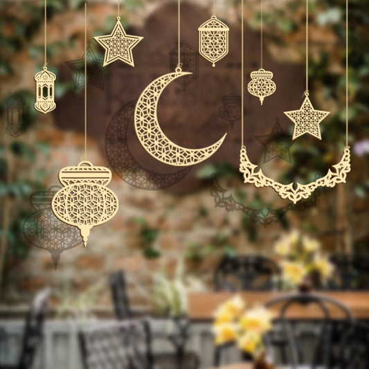 3Pcs Wooden Eid Mubarak Hanging Pendant Ornament Ramadan Kareem Gift Islam Muslim Home Table Decoration DIY Craft Party Supplies