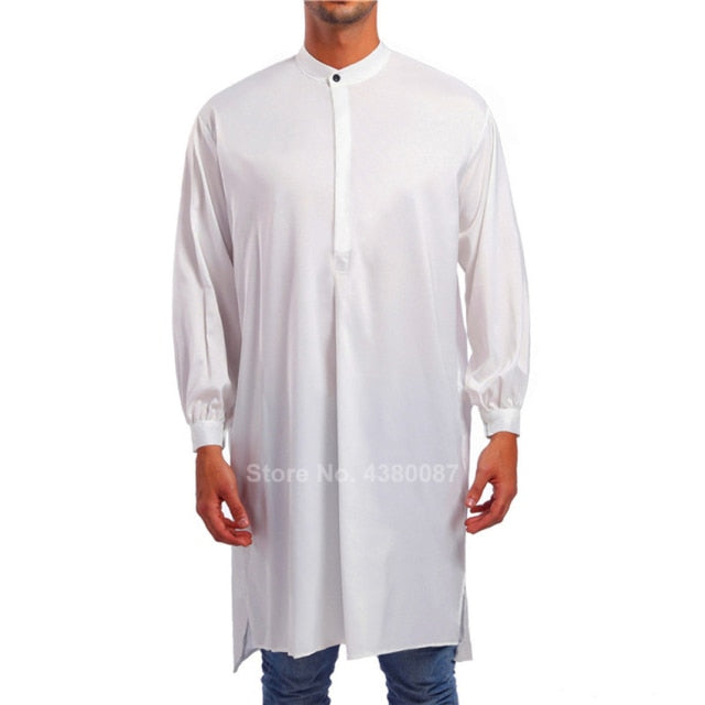 Solid Color Saudi Arab Men Muslim Traditional Thobe Button Long Shirt Turkish Casual Male Long Sleeve Islamic Clothing
