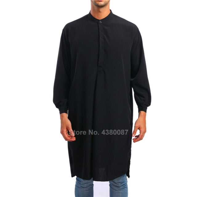 Solid Color Saudi Arab Men Muslim Traditional Thobe Button Long Shirt Turkish Casual Male Long Sleeve Islamic Clothing
