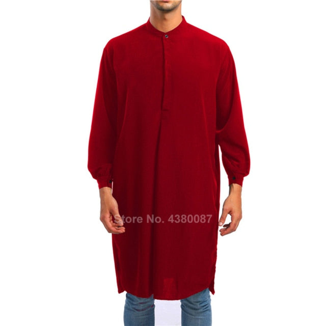 Solid Color Saudi Arab Men Muslim Traditional Thobe Button Long Shirt Turkish Casual Male Long Sleeve Islamic Clothing
