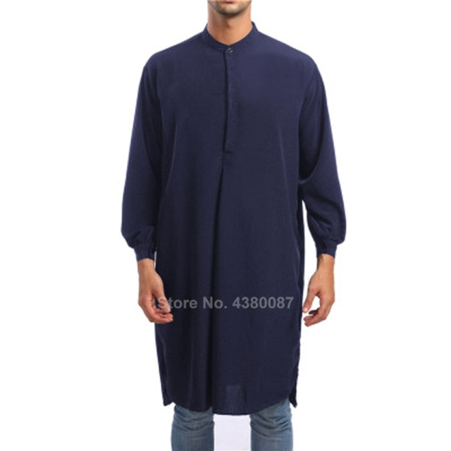 Solid Color Saudi Arab Men Muslim Traditional Thobe Button Long Shirt Turkish Casual Male Long Sleeve Islamic Clothing