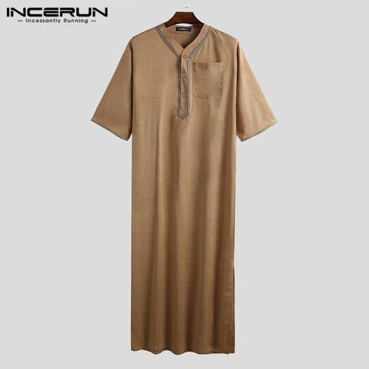 INCERUN Men Islamic Muslim Kaftan Half Sleeve Solid Color V Neck Vintage Robes Casual Dubai Saudi Arabia Men Jubba Thobe S-5XL 7