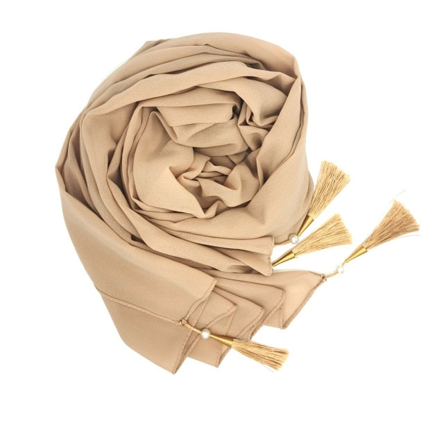 Bubble Chiffon Hijab Scarf Women Solid Color Long Soft Muslim Scarves Islam Wrap Shawl Femme Beaded Pearls Hijabs Tassel Scarf