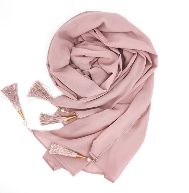 Bubble Chiffon Hijab Scarf Women Solid Color Long Soft Muslim Scarves Islam Wrap Shawl Femme Beaded Pearls Hijabs Tassel Scarf