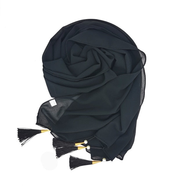Bubble Chiffon Hijab Scarf Women Solid Color Long Soft Muslim Scarves Islam Wrap Shawl Femme Beaded Pearls Hijabs Tassel Scarf