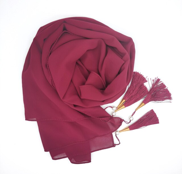 Bubble Chiffon Hijab Scarf Women Solid Color Long Soft Muslim Scarves Islam Wrap Shawl Femme Beaded Pearls Hijabs Tassel Scarf