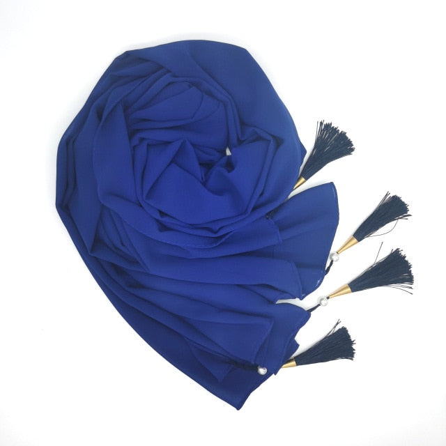 Bubble Chiffon Hijab Scarf Women Solid Color Long Soft Muslim Scarves Islam Wrap Shawl Femme Beaded Pearls Hijabs Tassel Scarf