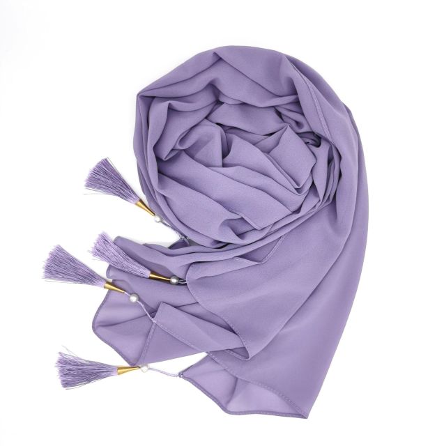 Bubble Chiffon Hijab Scarf Women Solid Color Long Soft Muslim Scarves Islam Wrap Shawl Femme Beaded Pearls Hijabs Tassel Scarf