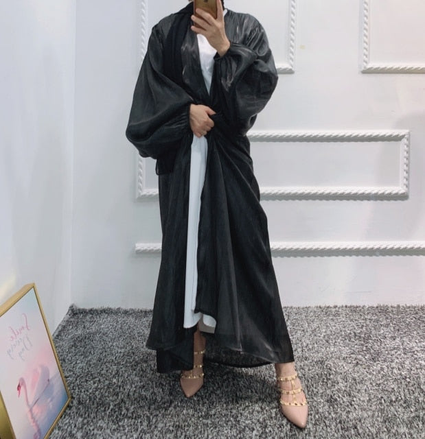 Summer Muslim Women Kimono Open Abaya Dubai Imitated Silk Fabric Arabic Islamic Hijab Dress Turkey Elegance Party Evening Eid