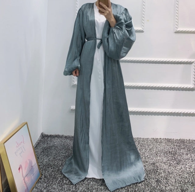 Summer Muslim Women Kimono Open Abaya Dubai Imitated Silk Fabric Arabic Islamic Hijab Dress Turkey Elegance Party Evening Eid