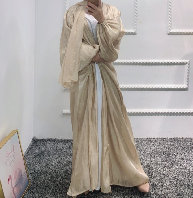 Summer Muslim Women Kimono Open Abaya Dubai Imitated Silk Fabric Arabic Islamic Hijab Dress Turkey Elegance Party Evening Eid