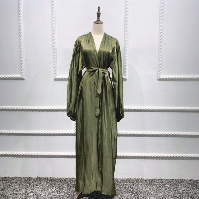 Summer Muslim Women Kimono Open Abaya Dubai Imitated Silk Fabric Arabic Islamic Hijab Dress Turkey Elegance Party Evening Eid