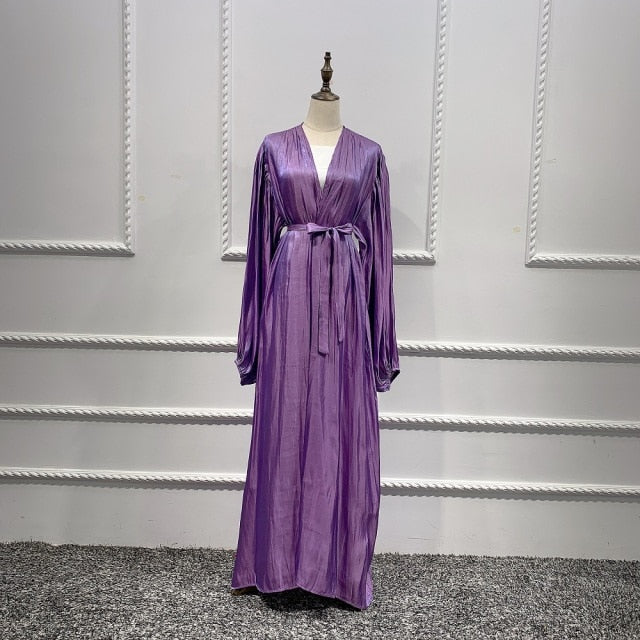 Summer Muslim Women Kimono Open Abaya Dubai Imitated Silk Fabric Arabic Islamic Hijab Dress Turkey Elegance Party Evening Eid