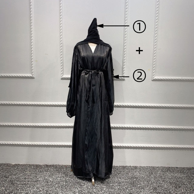 Summer Muslim Women Kimono Open Abaya Dubai Imitated Silk Fabric Arabic Islamic Hijab Dress Turkey Elegance Party Evening Eid