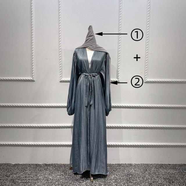 Summer Muslim Women Kimono Open Abaya Dubai Imitated Silk Fabric Arabic Islamic Hijab Dress Turkey Elegance Party Evening Eid