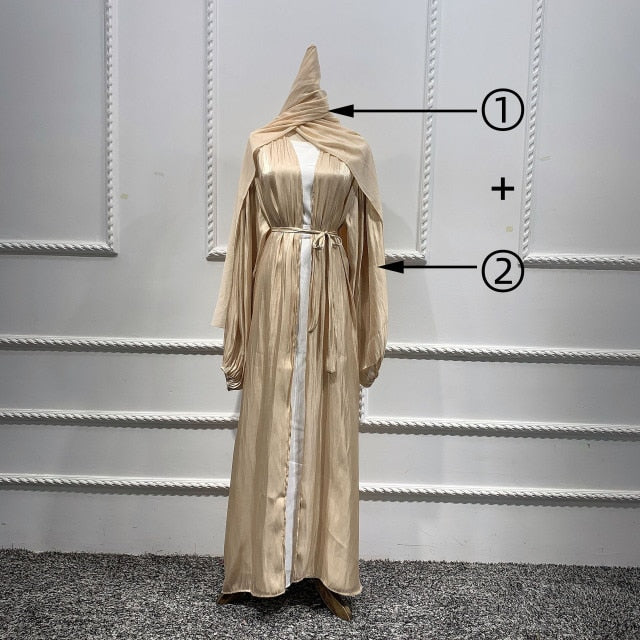 Summer Muslim Women Kimono Open Abaya Dubai Imitated Silk Fabric Arabic Islamic Hijab Dress Turkey Elegance Party Evening Eid