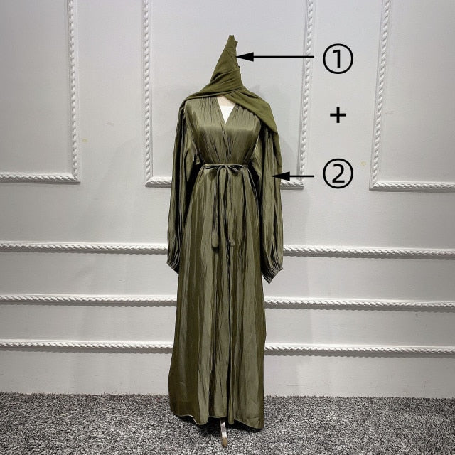 Summer Muslim Women Kimono Open Abaya Dubai Imitated Silk Fabric Arabic Islamic Hijab Dress Turkey Elegance Party Evening Eid