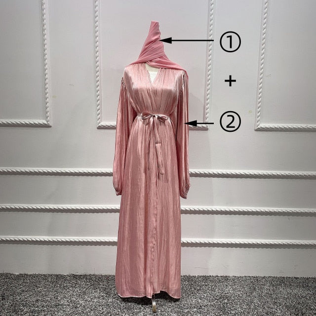 Summer Muslim Women Kimono Open Abaya Dubai Imitated Silk Fabric Arabic Islamic Hijab Dress Turkey Elegance Party Evening Eid