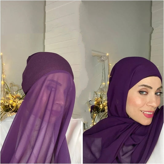 Women Plain Chiffon Hijiab Scarf With Jersey Underscarf Cap Islam Inner Scarf Muslim Shawl Headband Stretch Hijab Cover Headwrap