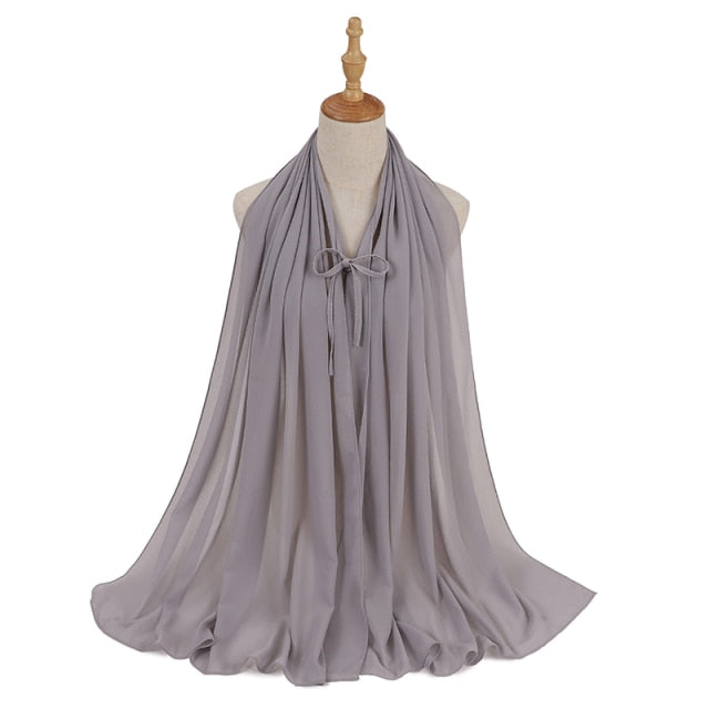 Fashion Plain Bubble Chiffon Hijab Scarf with Rope Convenient Women Hijabs Wrap Islam Muslim Shawls Scarves Turbanet Headscarf