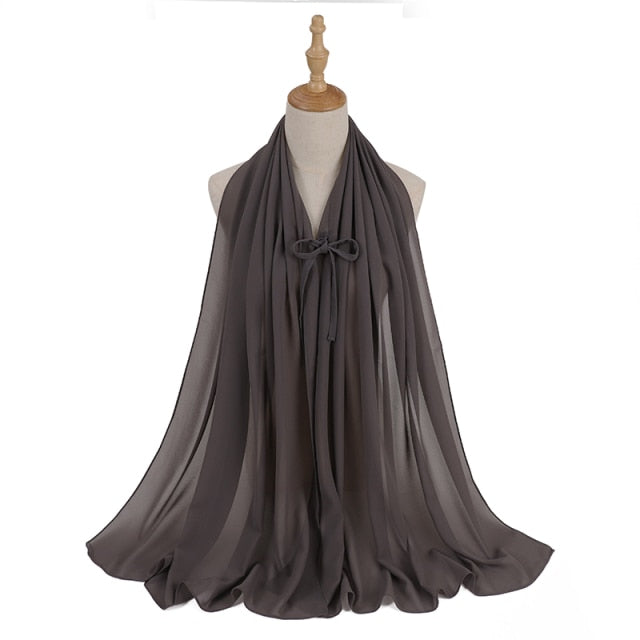 Fashion Plain Bubble Chiffon Hijab Scarf with Rope Convenient Women Hijabs Wrap Islam Muslim Shawls Scarves Turbanet Headscarf