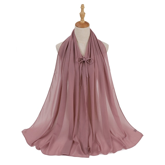 Fashion Plain Bubble Chiffon Hijab Scarf with Rope Convenient Women Hijabs Wrap Islam Muslim Shawls Scarves Turbanet Headscarf