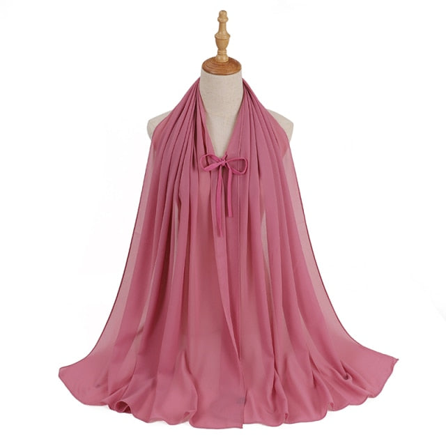 Fashion Plain Bubble Chiffon Hijab Scarf with Rope Convenient Women Hijabs Wrap Islam Muslim Shawls Scarves Turbanet Headscarf