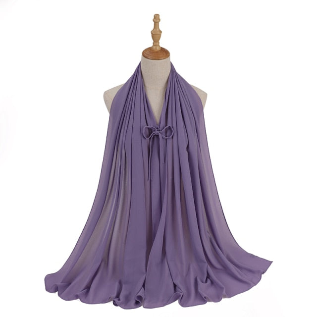Fashion Plain Bubble Chiffon Hijab Scarf with Rope Convenient Women Hijabs Wrap Islam Muslim Shawls Scarves Turbanet Headscarf