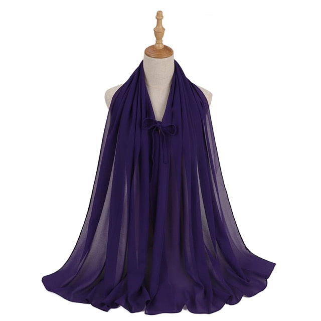 Fashion Plain Bubble Chiffon Hijab Scarf with Rope Convenient Women Hijabs Wrap Islam Muslim Shawls Scarves Turbanet Headscarf