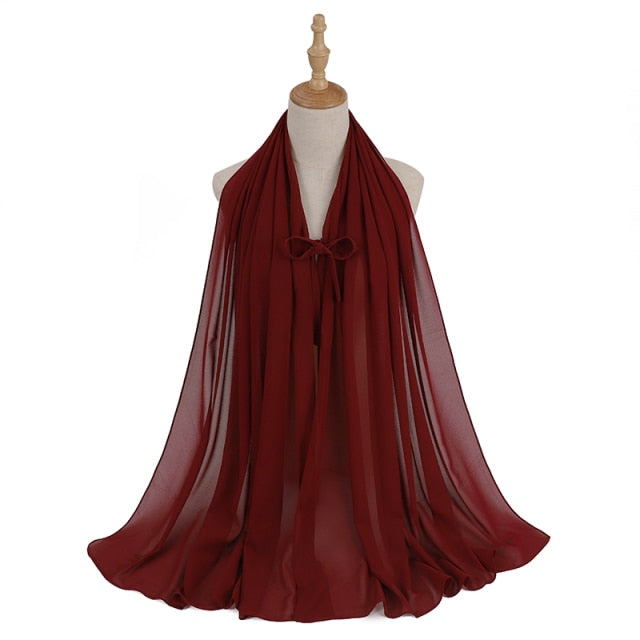Fashion Plain Bubble Chiffon Hijab Scarf with Rope Convenient Women Hijabs Wrap Islam Muslim Shawls Scarves Turbanet Headscarf