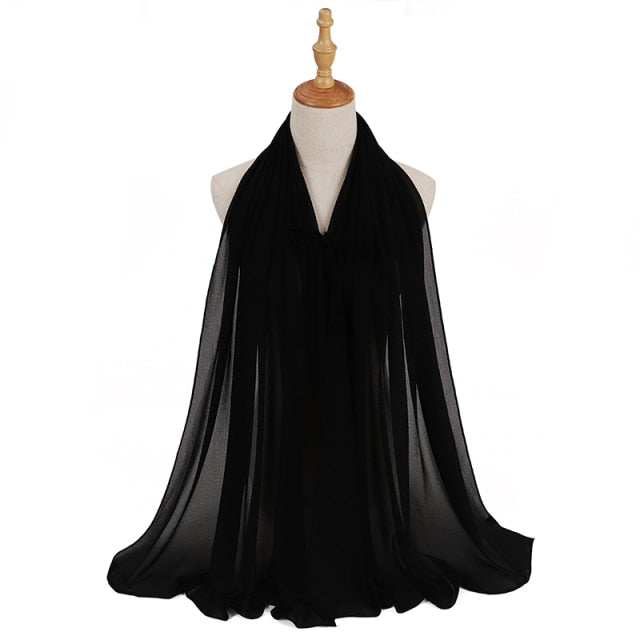 Fashion Plain Bubble Chiffon Hijab Scarf with Rope Convenient Women Hijabs Wrap Islam Muslim Shawls Scarves Turbanet Headscarf