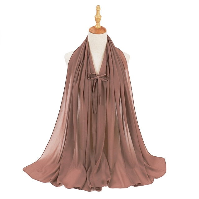 Fashion Plain Bubble Chiffon Hijab Scarf with Rope Convenient Women Hijabs Wrap Islam Muslim Shawls Scarves Turbanet Headscarf