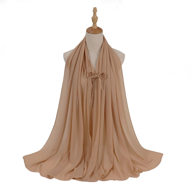 Fashion Plain Bubble Chiffon Hijab Scarf with Rope Convenient Women Hijabs Wrap Islam Muslim Shawls Scarves Turbanet Headscarf