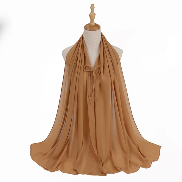 Fashion Plain Bubble Chiffon Hijab Scarf with Rope Convenient Women Hijabs Wrap Islam Muslim Shawls Scarves Turbanet Headscarf