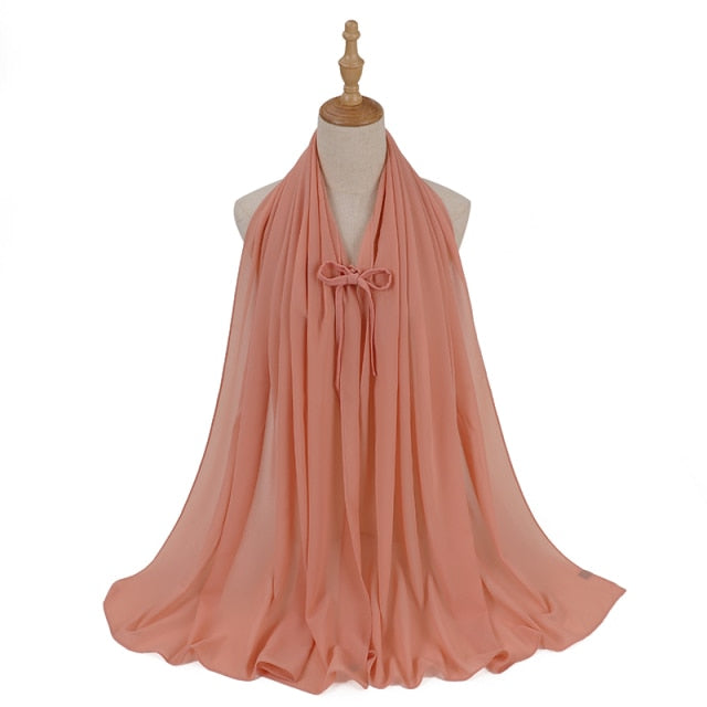 Fashion Plain Bubble Chiffon Hijab Scarf with Rope Convenient Women Hijabs Wrap Islam Muslim Shawls Scarves Turbanet Headscarf