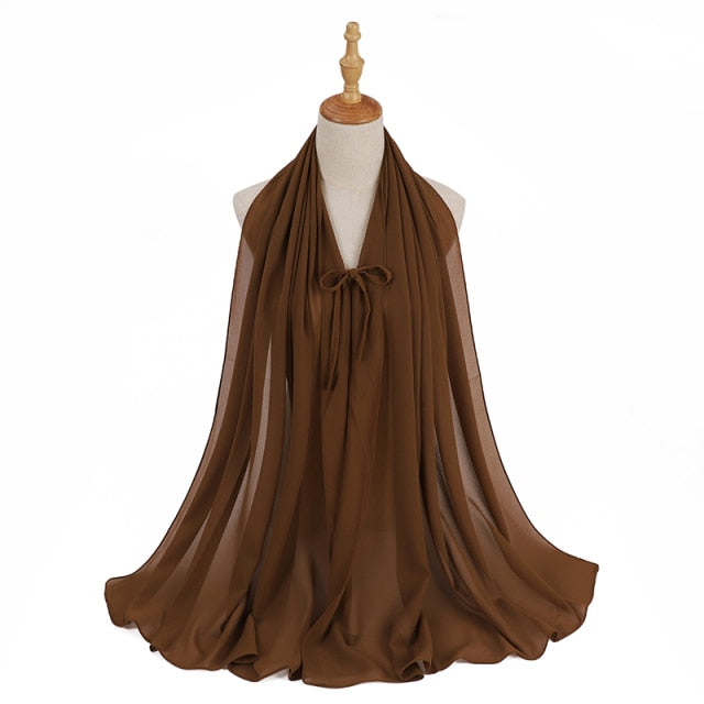 Fashion Plain Bubble Chiffon Hijab Scarf with Rope Convenient Women Hijabs Wrap Islam Muslim Shawls Scarves Turbanet Headscarf