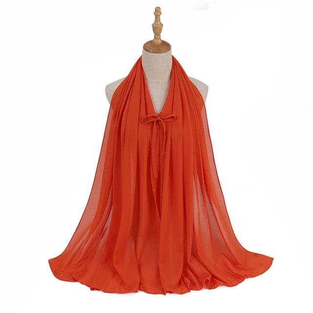 Fashion Plain Bubble Chiffon Hijab Scarf with Rope Convenient Women Hijabs Wrap Islam Muslim Shawls Scarves Turbanet Headscarf